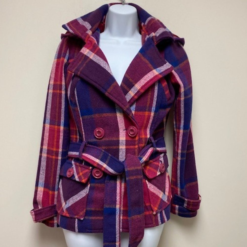 DEB Vintage 80's Trench Style Pea Coat‎ Wool Blend Plaid Hood, size Small